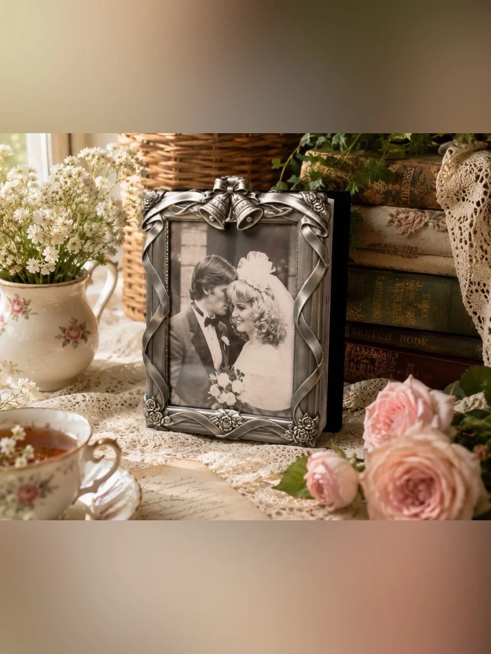Wedding Photo Album Pewter Frame 80 Photos 4x6 Bells Roses Velvet Cover 90s Read